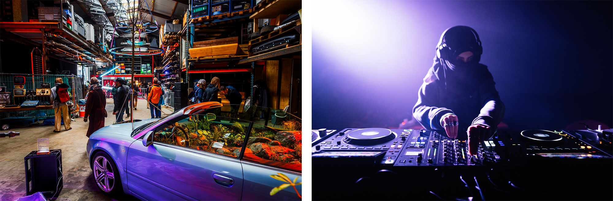 on the left is a photo of an art installation. on the right a photo of young woman wearing a hijab while djing 